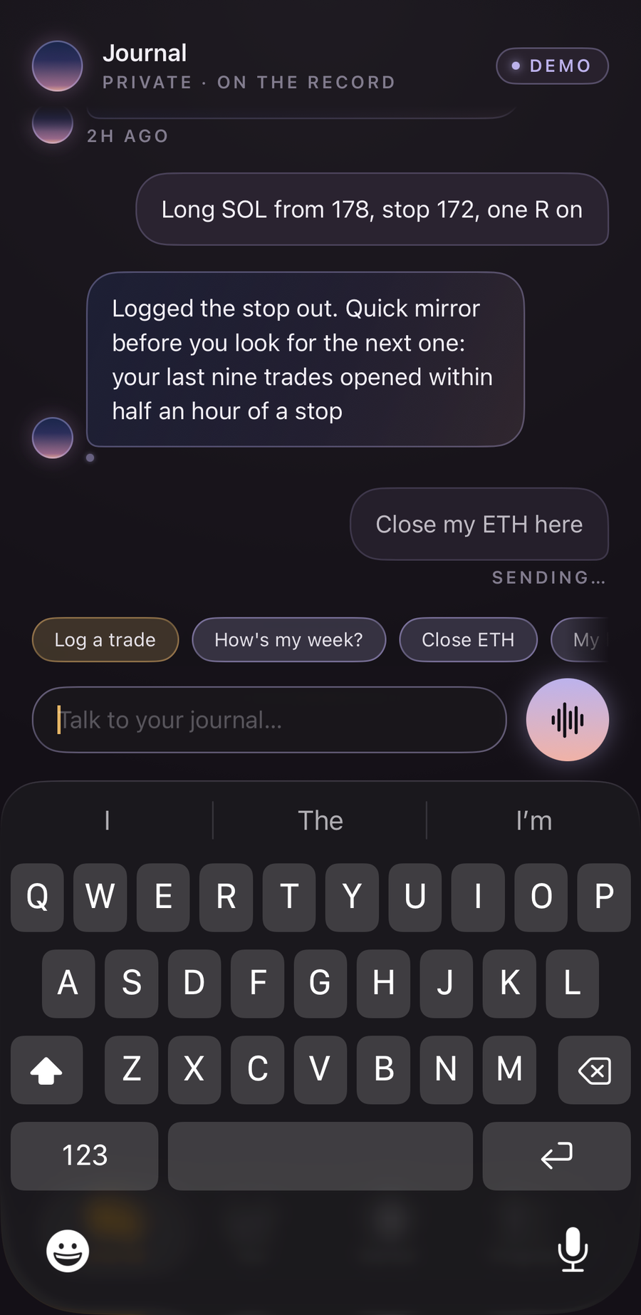 Journal chat: a trade logged in plain words, and the mirror answering with the member's own pattern