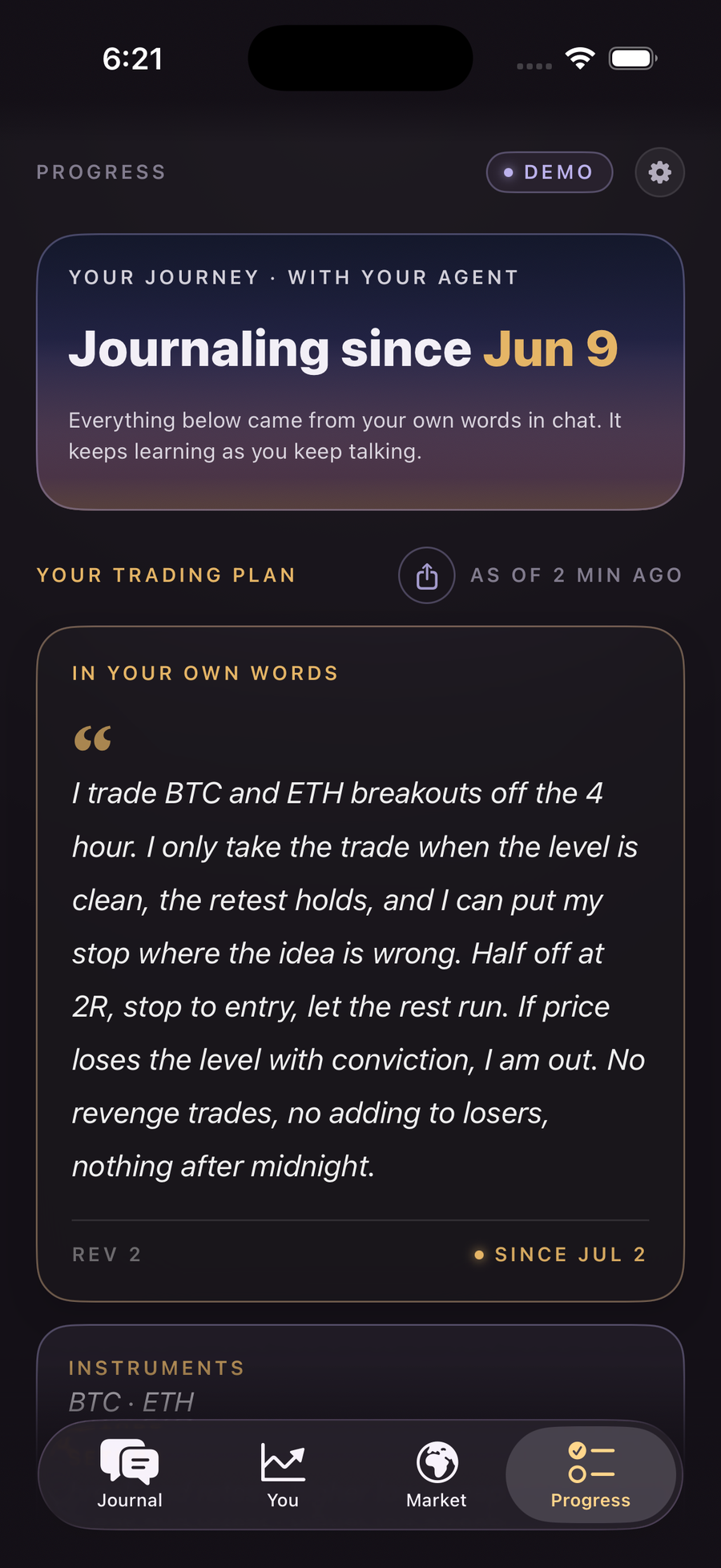 Your trading plan, kept in your own words, with every revision remembered